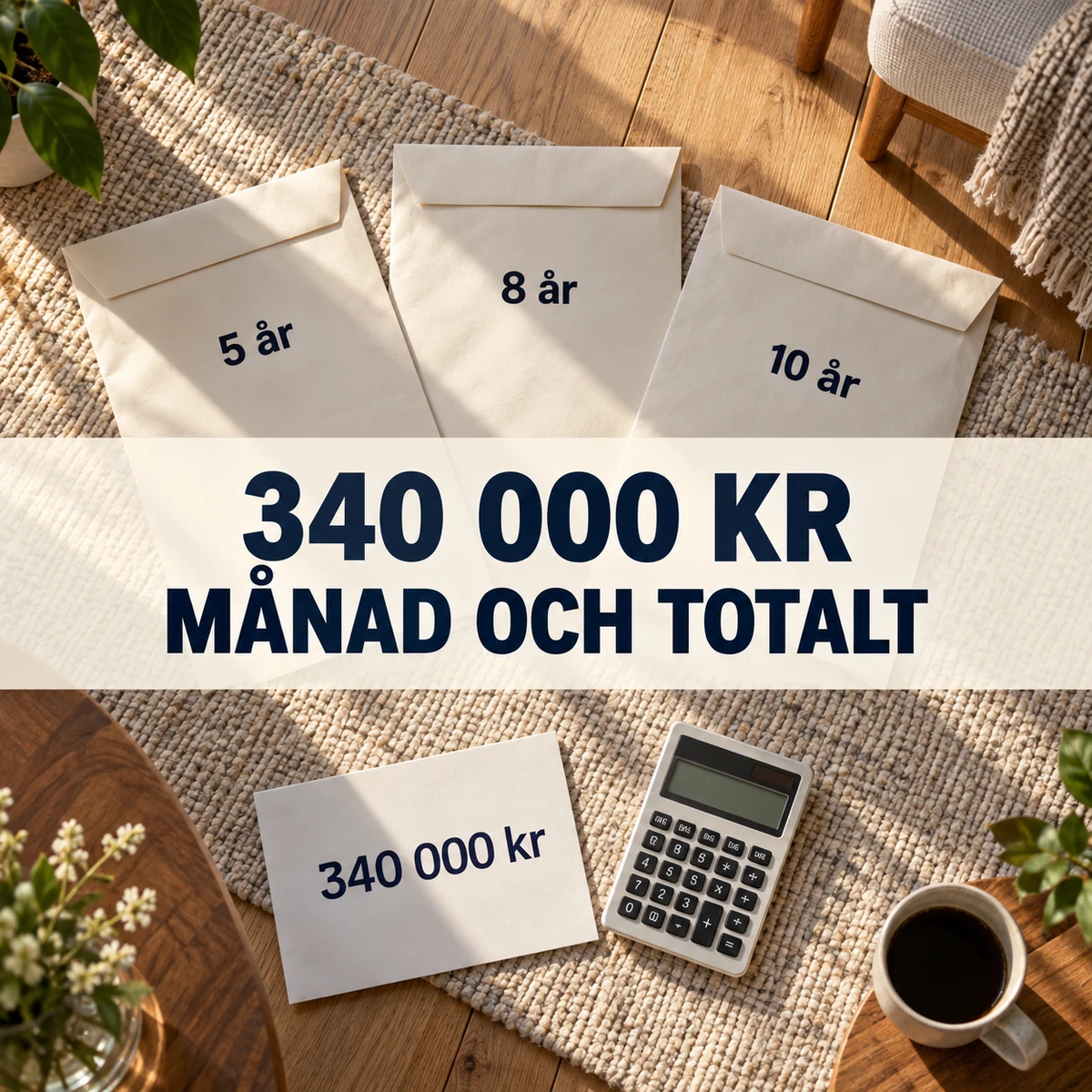 Tre kuvert märkta 5 år, 8 år och 10 år på en ljus matta i ett svenskt vardagsrum, med miniräknare och texten 340 000 kr – månad och totalt