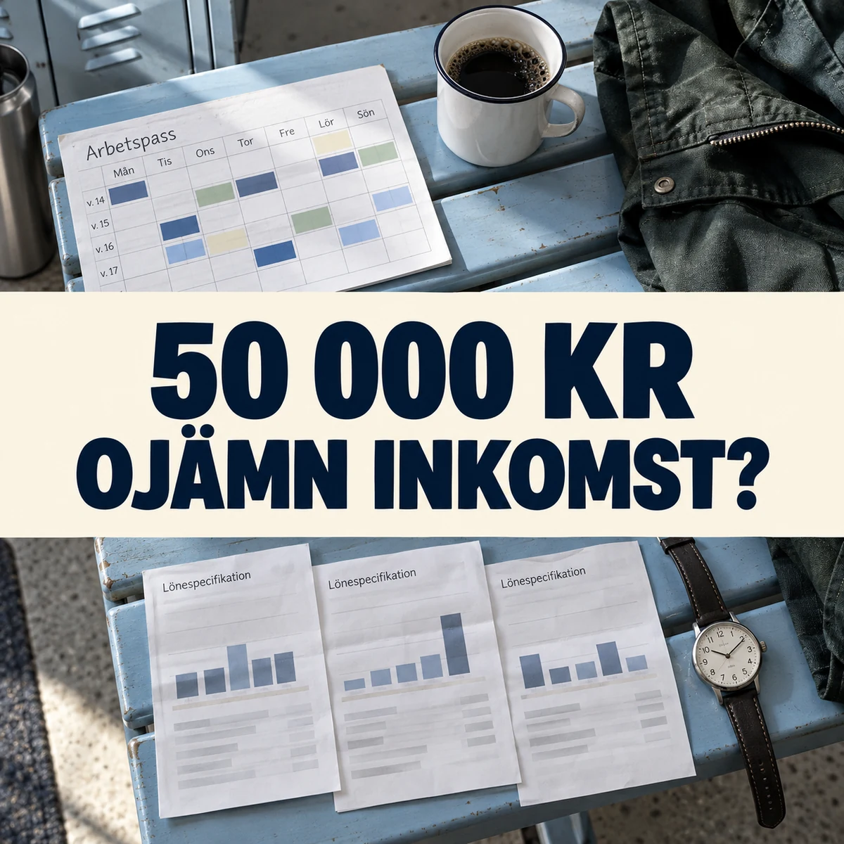 Oregelbundet arbetsschema, tre illustrativa lönespecifikationer och en klocka på en blå bänk vid personalskåp med texten 50 000 kr – ojämn inkomst?