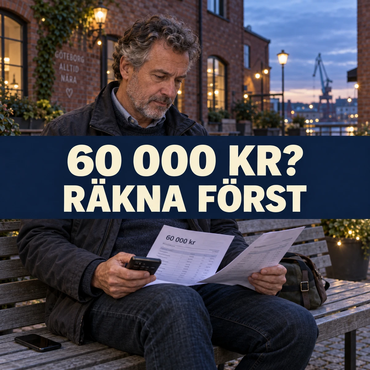 Man på en bänk i en svensk tegelgård jämför låneuppgifter för 60 000 kronor med en kalkylator och texten 60 000 kr? Räkna först