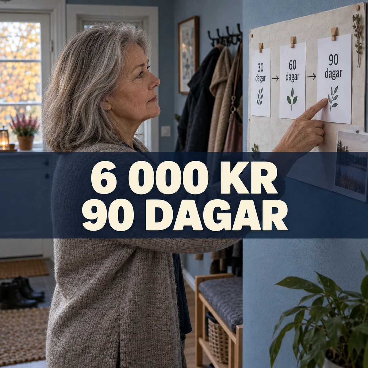 Äldre kvinna i en svensk hall pekar på en planeringstavla med kort för 30, 60 och 90 dagar, med texten 6 000 kr – 90 dagar