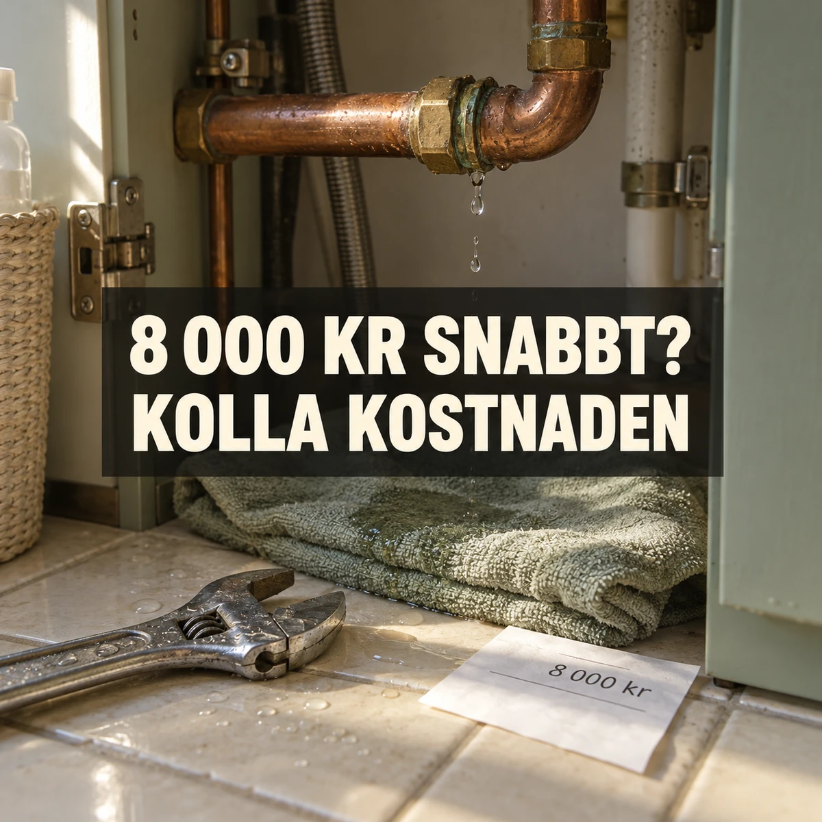 Droppande kopparrör, handduk, skiftnyckel och reparationslapp på 8 000 kr i ett svenskt underskåp, med texten 8 000 kr snabbt? Kolla kostnaden