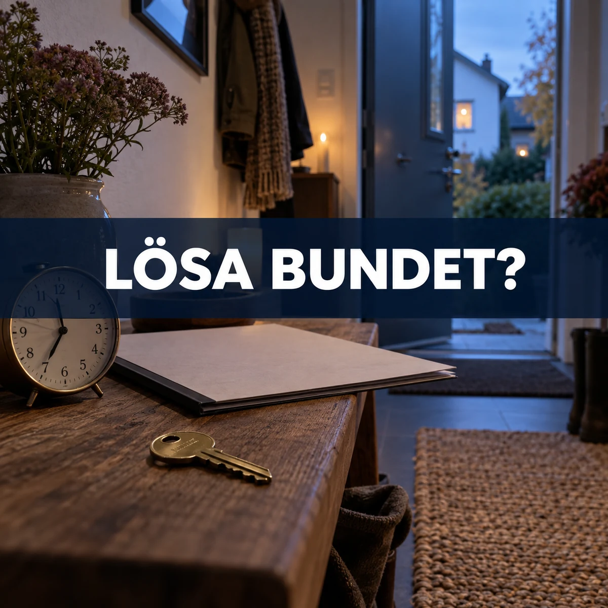 Husnyckel, analog klocka och lånemapp i en svensk hall med texten Lösa bundet?