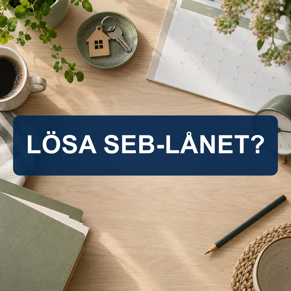 Husnyckel, kalender och klocka på ett ljust svenskt köksbord med texten Lösa SEB-lånet?