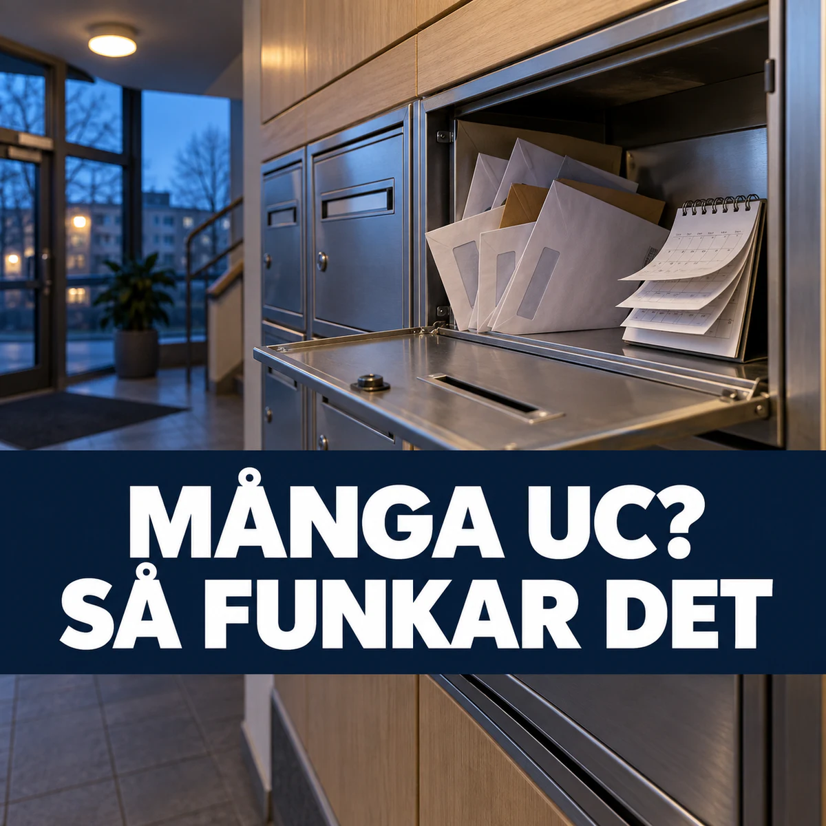 Öppen svensk fastighetsbox med flera upplysningskopior och kalender med texten Många UC? Så funkar det