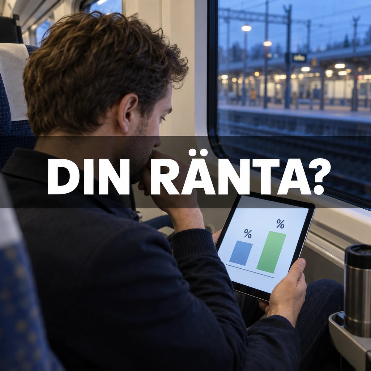 Man på svenskt pendeltåg jämför två illustrativa räntestaplar på en surfplatta under texten Din ränta?