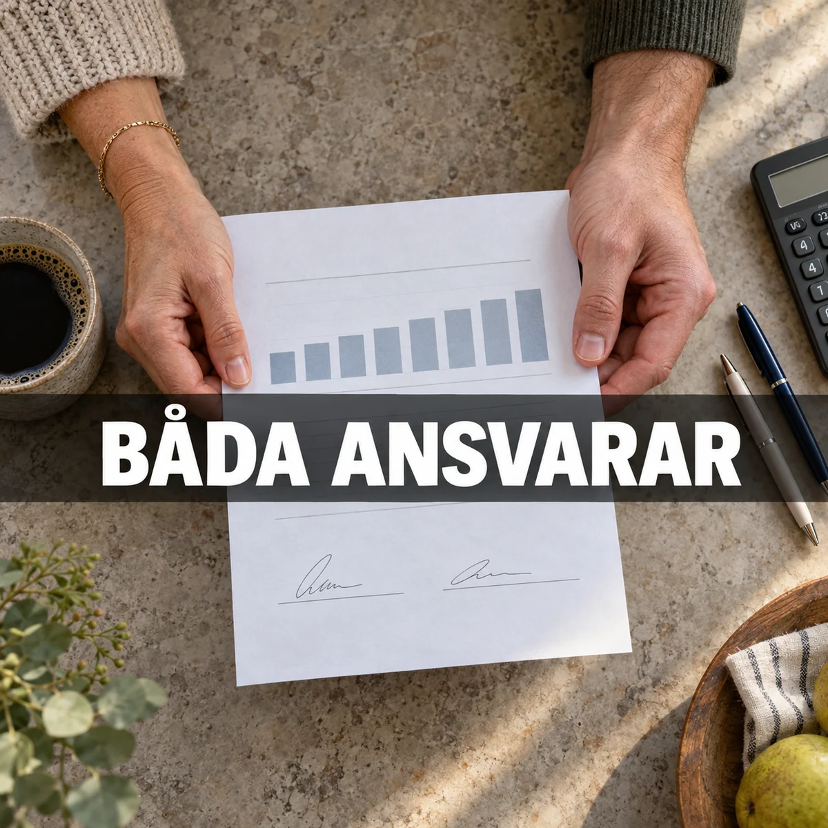 Två vuxna händer håller i samma låneunderlag med två namnteckningar och den tydliga texten Båda ansvarar