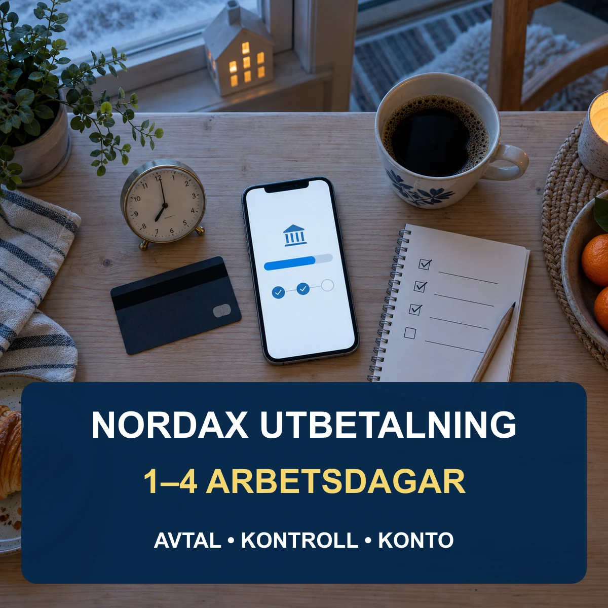 Mobil med pågående banköverföring, klocka och checklista på ett svenskt köksbord med texten Nordax utbetalning 2027