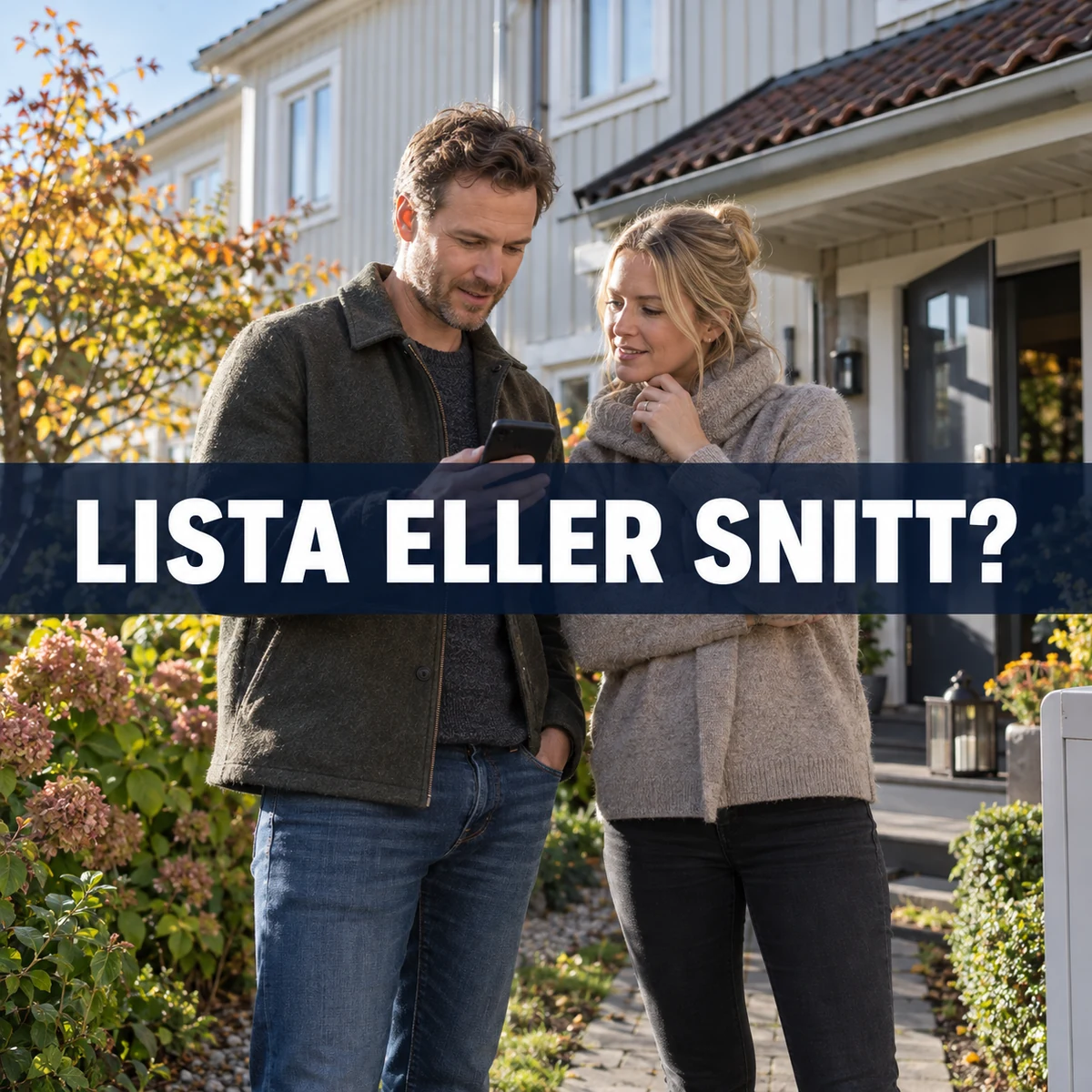 Par utanför ett svenskt radhus jämför ett bolåneerbjudande i mobilen, med texten Lista eller snitt?