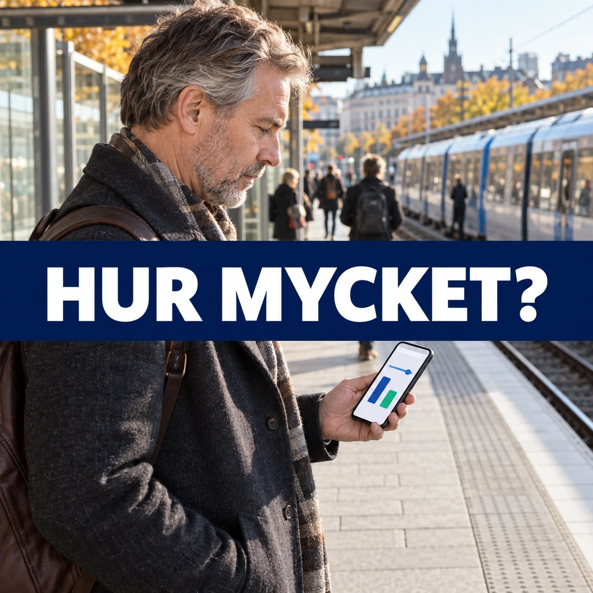 Medelålders man på en svensk pendeltågsperrong granskar låneutrymme i mobilen, med texten Hur mycket?