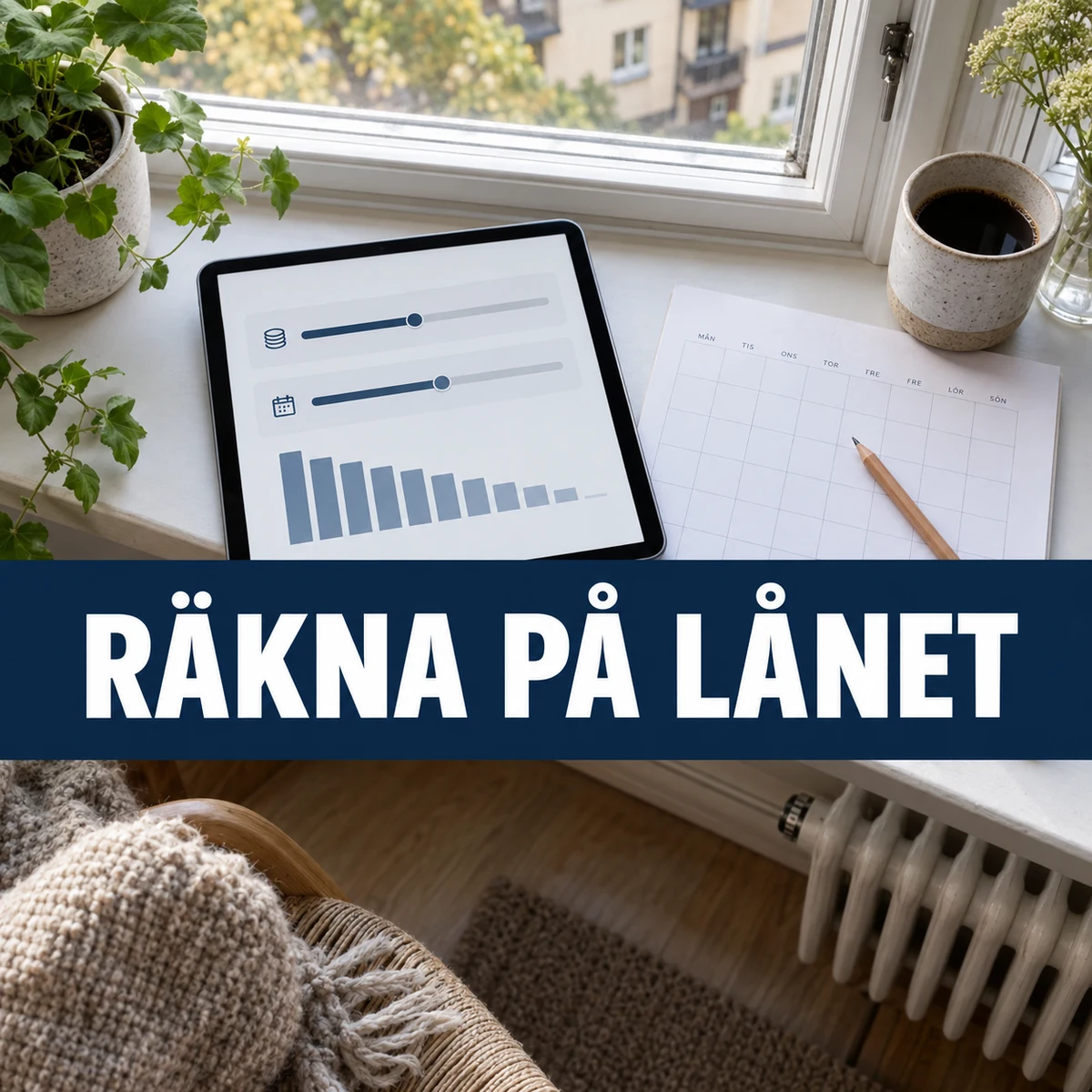 Surfplatta med reglage för lånebelopp och löptid samt sjunkande månadsbetalningar, med texten Räkna på lånet