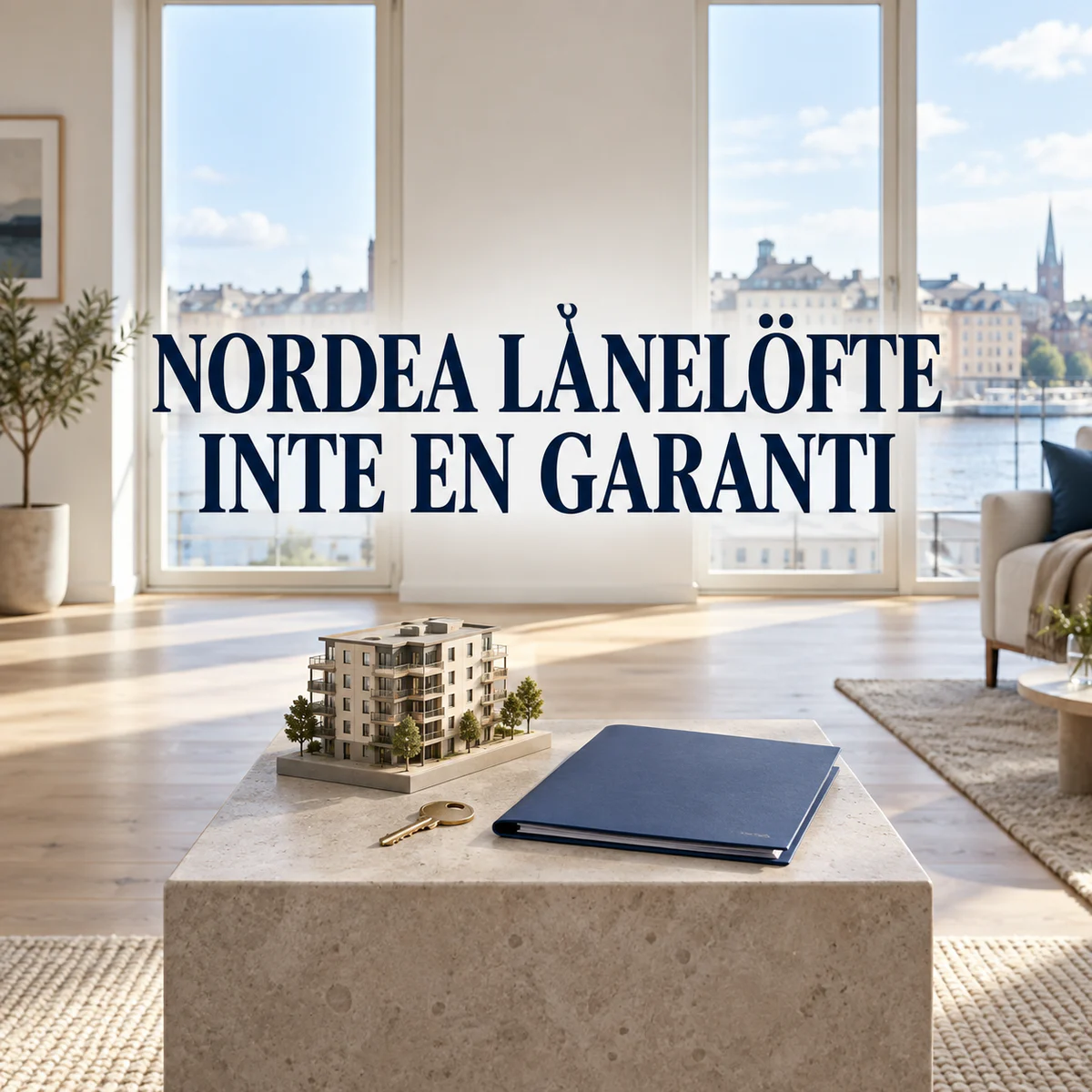 Ljus svensk lägenhet med husmodell, nyckel och texten Nordea lånelöfte – inte en garanti
