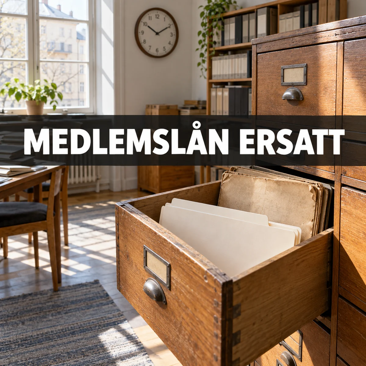 Öppet arkivskåp med äldre lånemappar i ett ljust svenskt kontor och texten Medlemslån ersatt