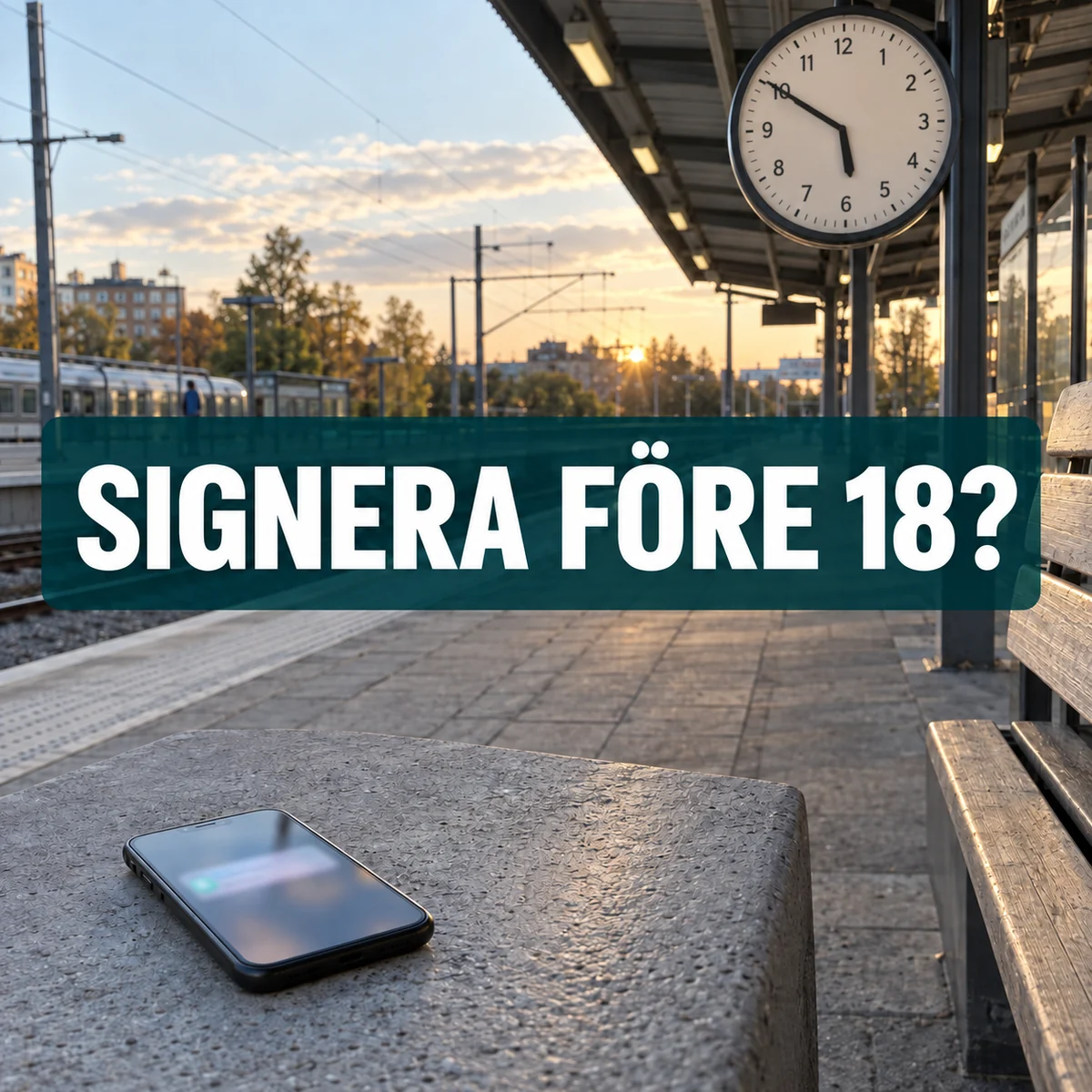 En obrandad mobil på en svensk pendeltågsperrong under en klocka strax före sex, med den tydliga frågan Signera före 18?