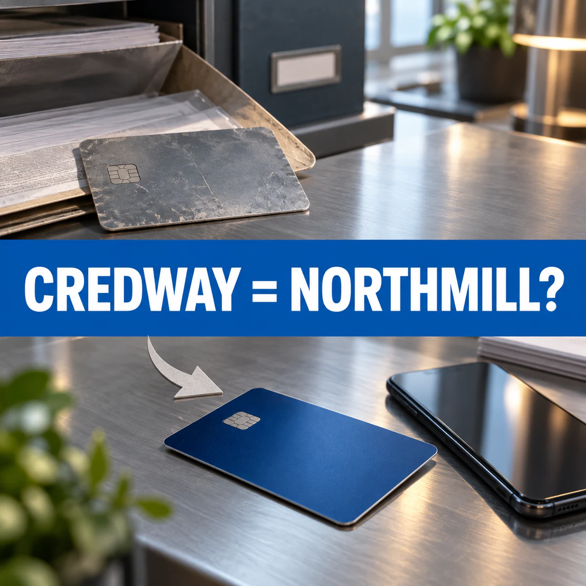 Slitet grått kreditkort i ett arkiv och ett nytt blått kort bredvid en mobil med pil mellan dem och texten Credway = Northmill?