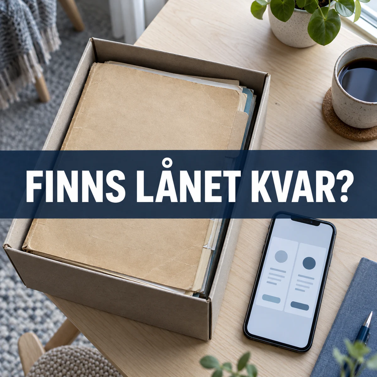 Arkivlåda med gamla lånehandlingar och neutral mobil på ett svenskt björkbord, med texten Finns lånet kvar?