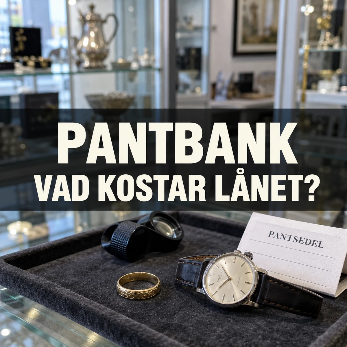 Guldring, armbandsur och lupp på en pantbanks värderingsbricka under frågan Pantbank – vad kostar lånet?