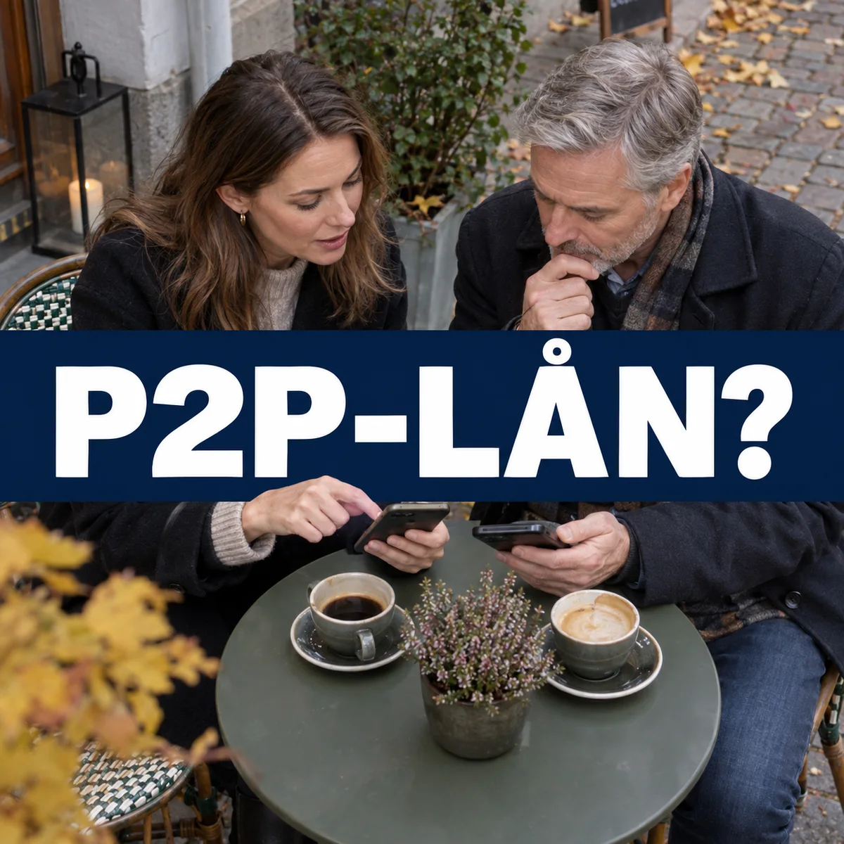 Två personer jämför mobiler vid ett svenskt utekafé under hösten, med den tydliga texten P2P-lån?