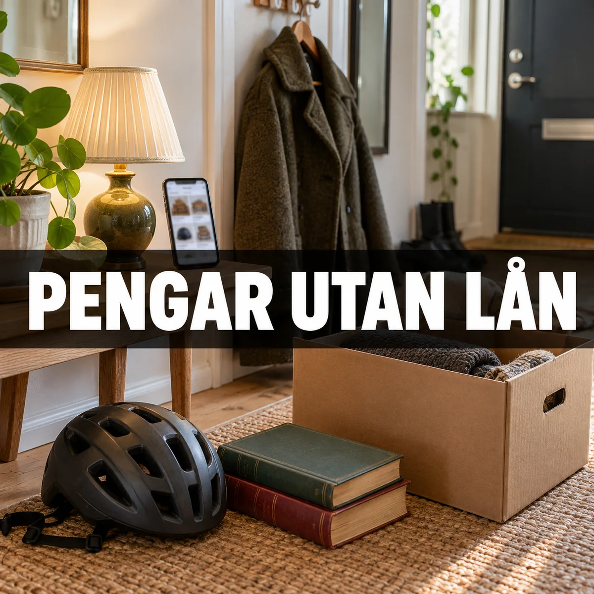 Begagnade böcker, lampa, cykelhjälm och vinterkläder i en svensk hall under texten Pengar utan lån
