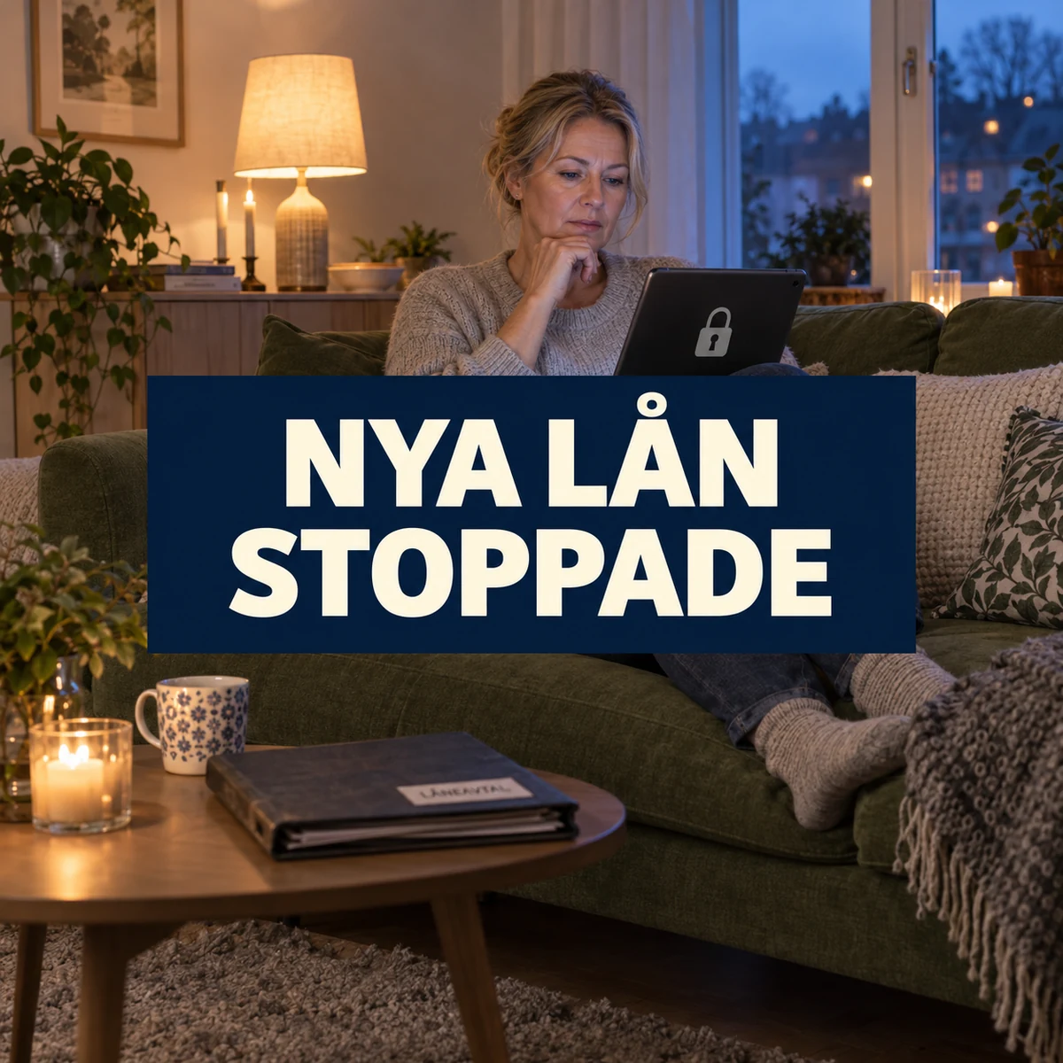 En kvinna på en grön soffa ser på en surfplatta med låssymbol i kvällsljus, bredvid en avtalsmapp och texten Nya lån stoppade