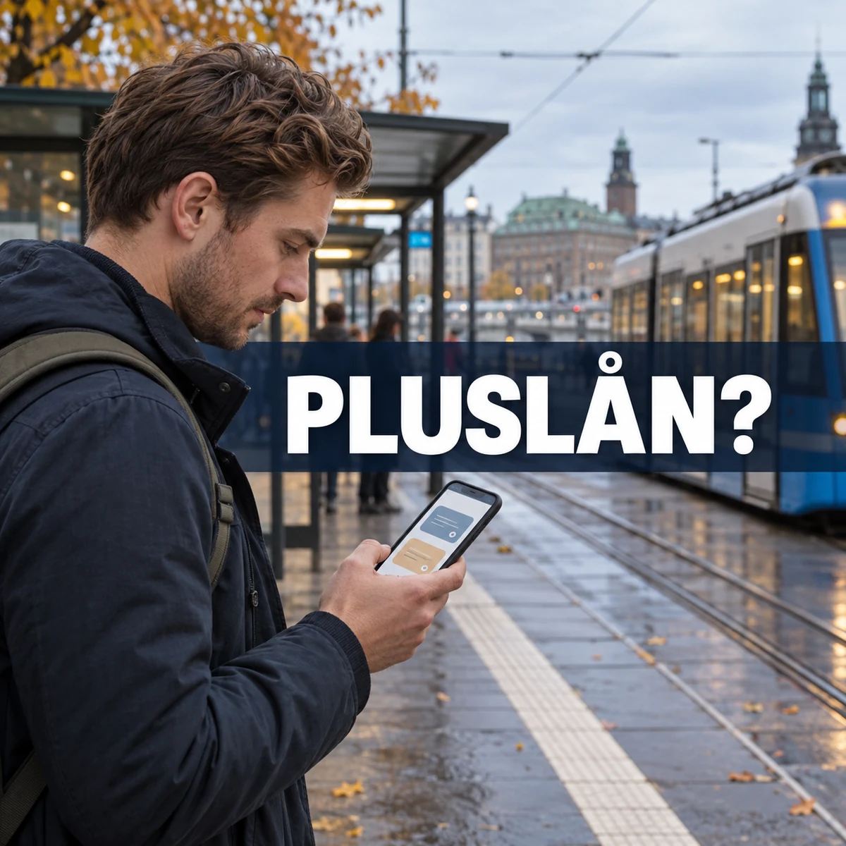 Man vid svensk spårvagnshållplats jämför lånealternativ i mobilen under texten Pluslån?