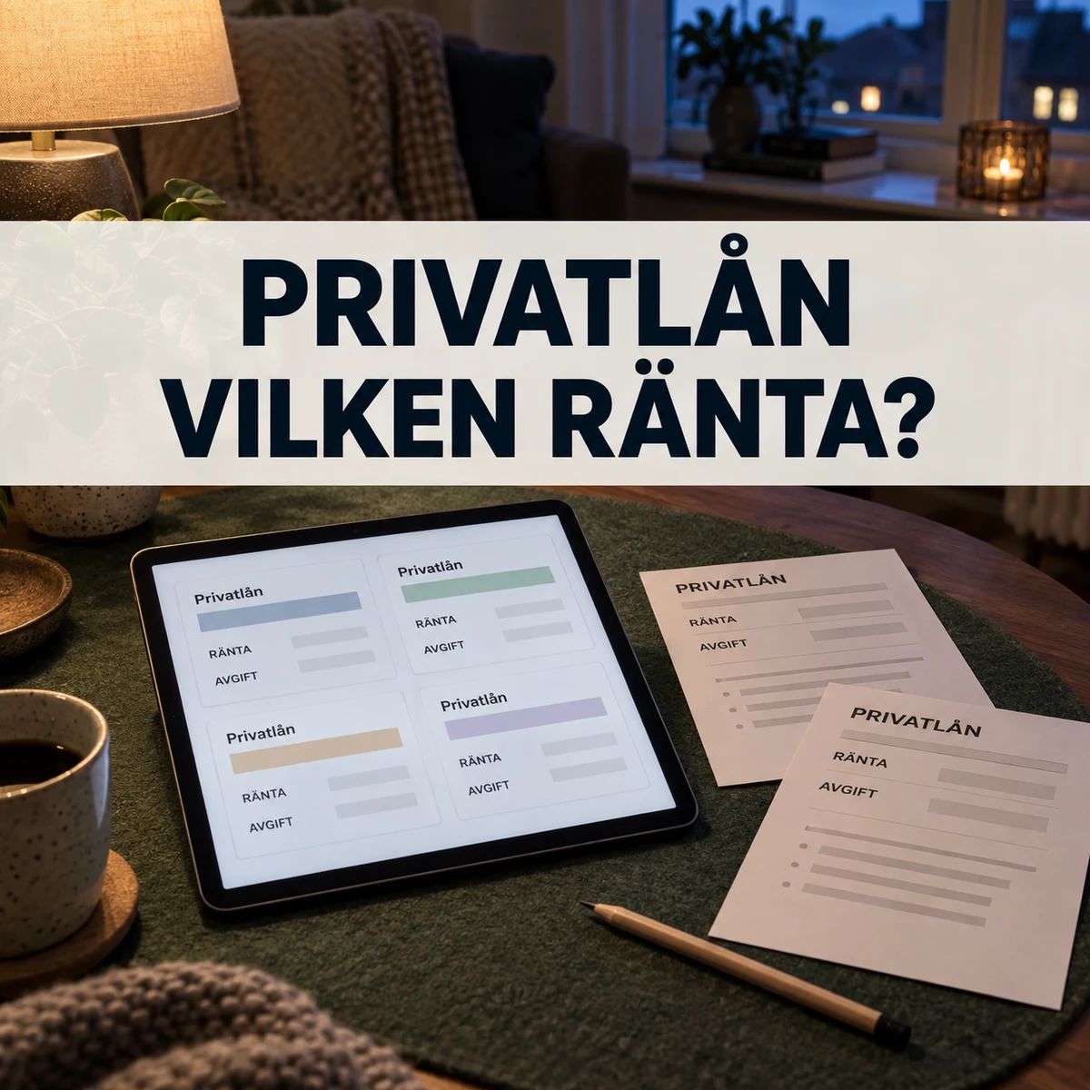En surfplatta med fyra jämförelsekort för privatlån och två offertblad på en grön filtmatta i ett svenskt vardagsrum, med texten Privatlån – Vilken ränta?