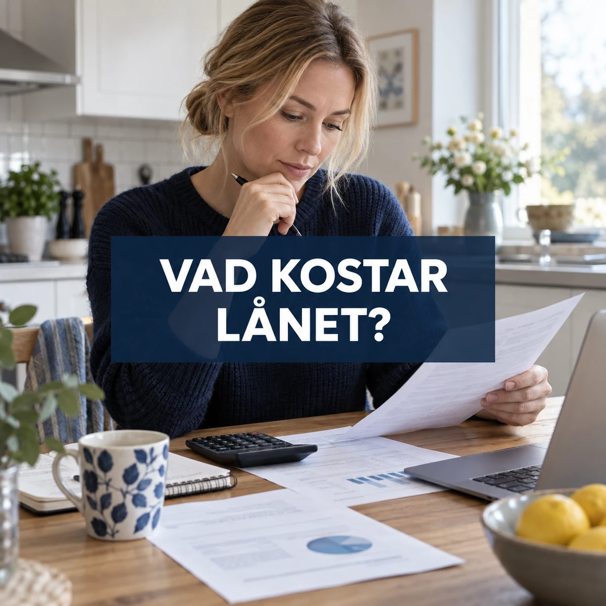 Person som granskar lånekostnader med den centrerade texten Vad kostar lånet?