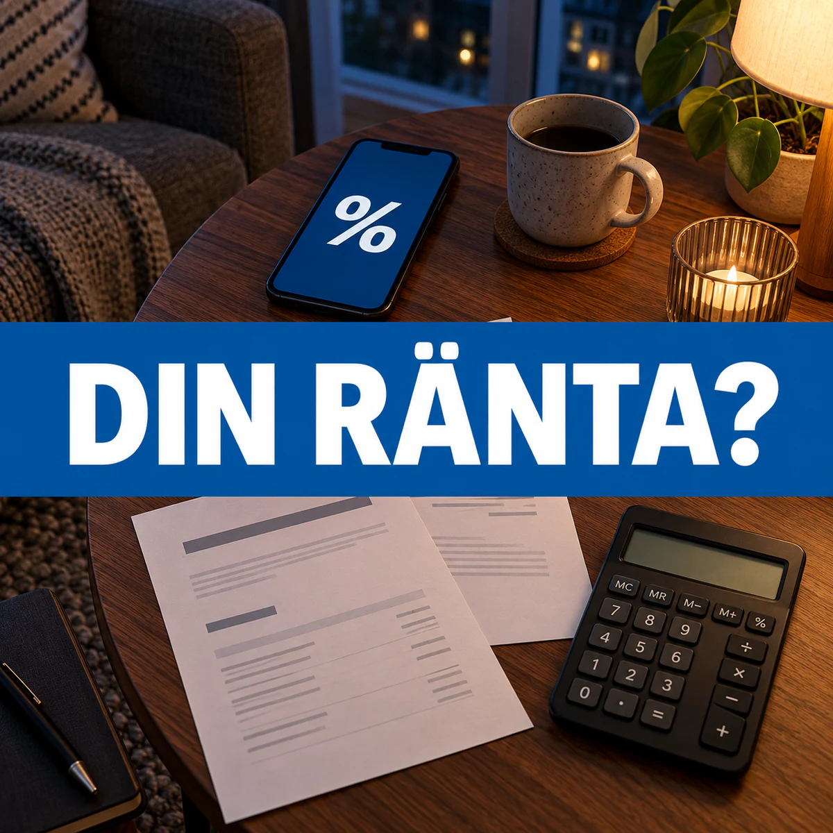 Mobil med procentsymbol, lånepapper och miniräknare på ett sidobord i ett svenskt vardagsrum med texten Din ränta?