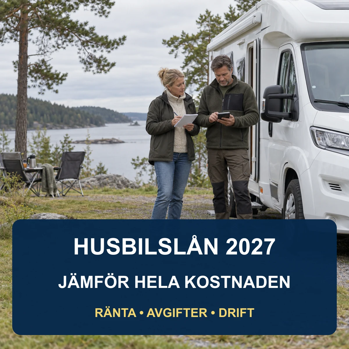 Svenskt par jämför husbilslån vid en vit husbil på en sjönära camping med texten Husbilslån 2027, jämför hela kostnaden