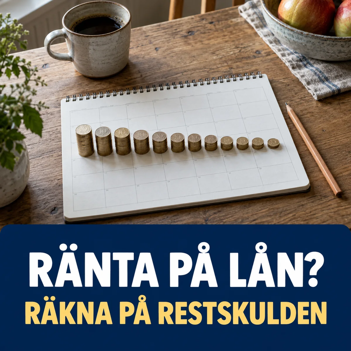 Tolv avtagande staplar med svenska mynt på en kalender vid ett köksbord, med texten Ränta på lån? Räkna på restskulden