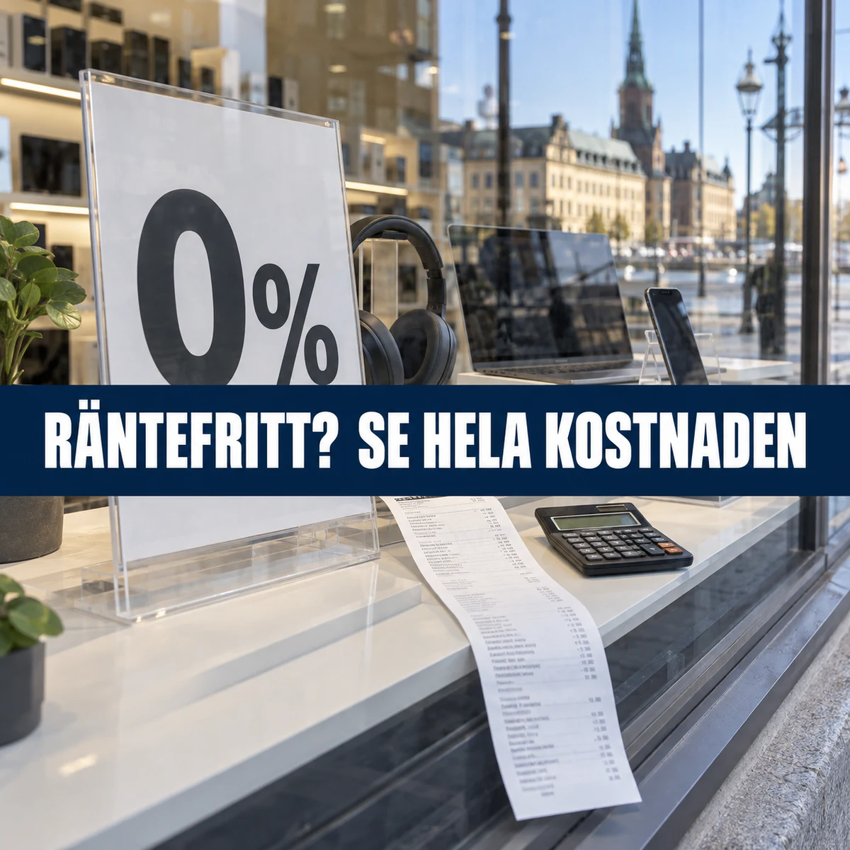Skyltfönster med nollprocentsskylt, långt kvitto och kalkylator samt texten Räntefritt? Se hela kostnaden