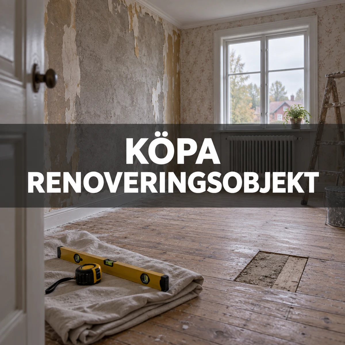 Ett tomt rum i en äldre svensk villa med delvis borttagen tapet, slitet trägolv, skyddsduk, vattenpass och måttband, med texten Köpa renoveringsobjekt