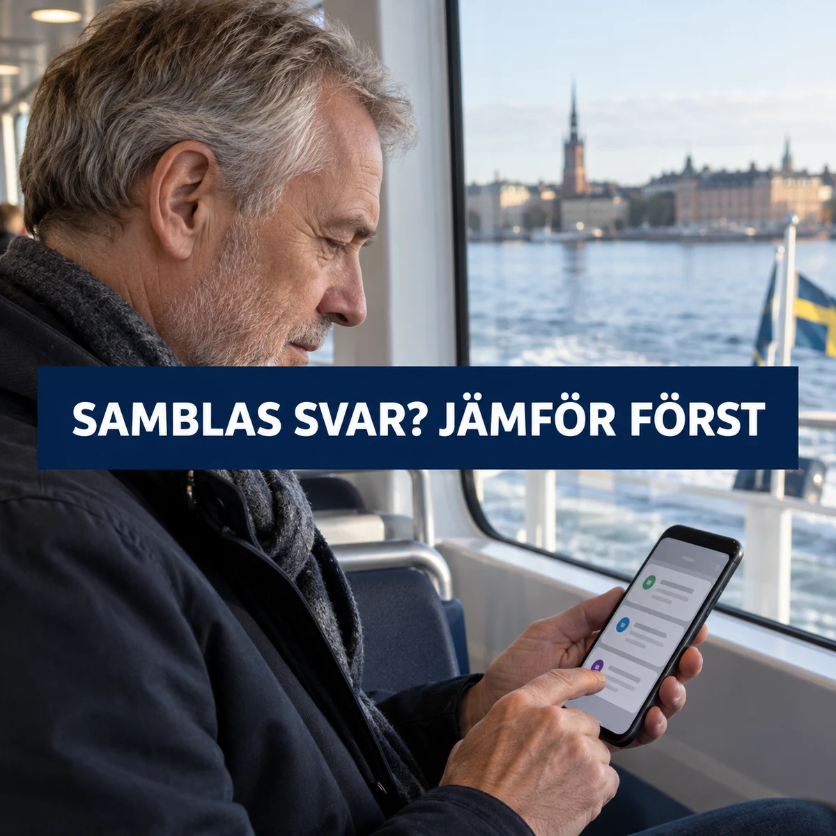Äldre svensk man granskar lånesvar på en pendelbåt med texten Samblas svar? Jämför först