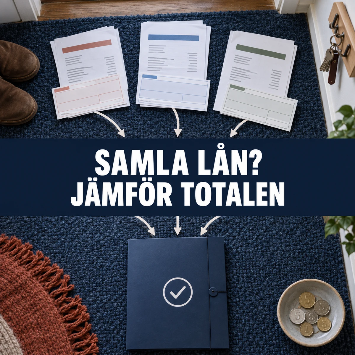 Tre separata låneunderlag samlas i en enda mapp med texten Samla lån? Jämför totalen