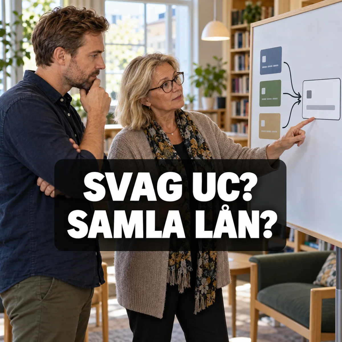 Man och kommunal skuldrådgivare i ljust svenskt mötesrum granskar tre krediter som förs samman till en plan, med texten Svag UC? Samla lån?
