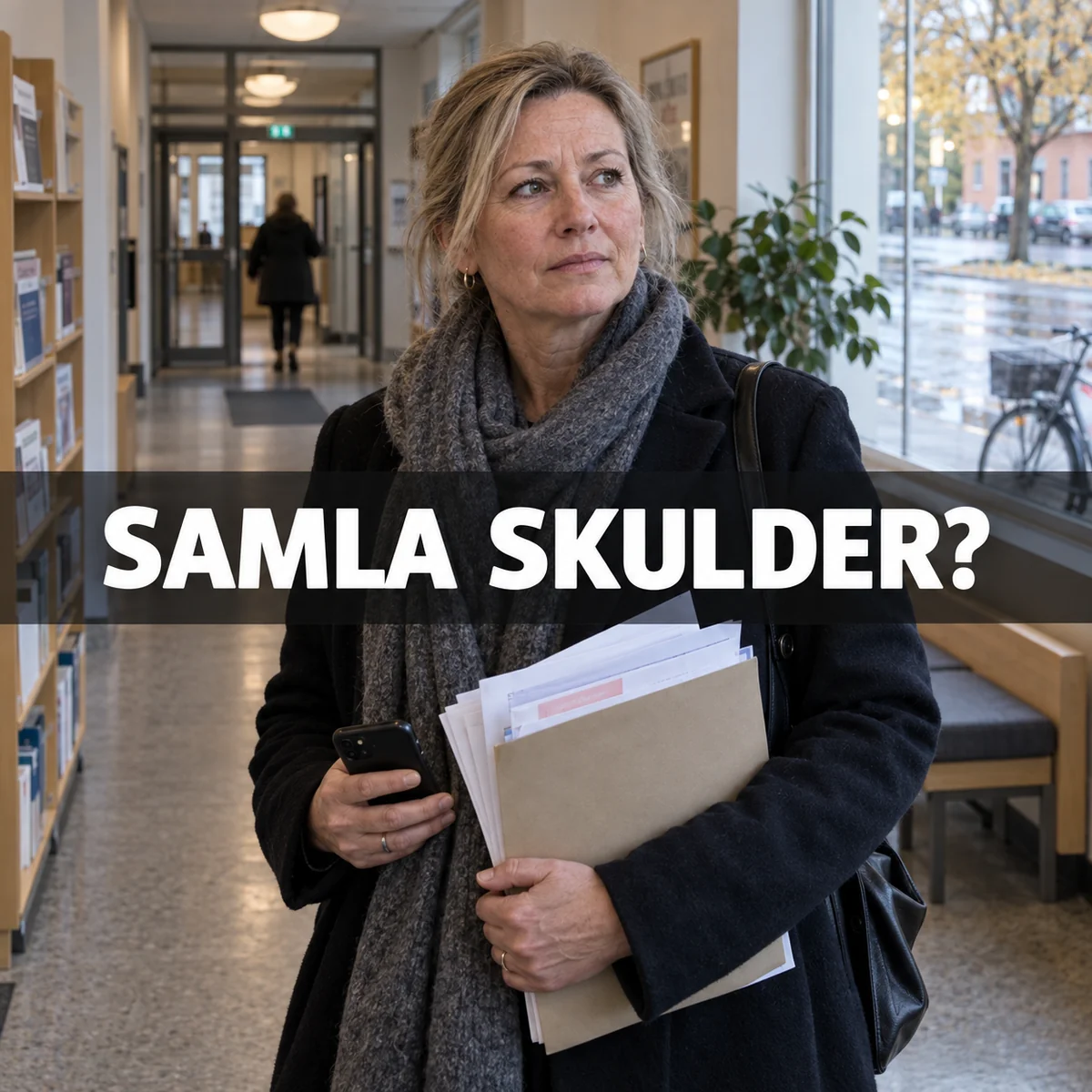 Kvinna med flera betalningsavier i en svensk rådgivningslokal och texten Samla skulder?
