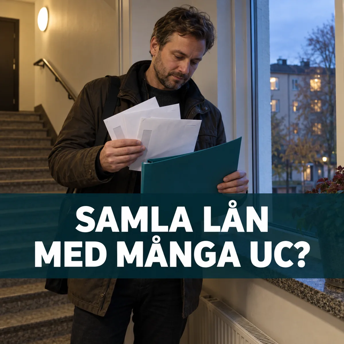 Man i svenskt trapphus samlar tre kreditbrev i en mapp, med texten Samla lån med många UC?