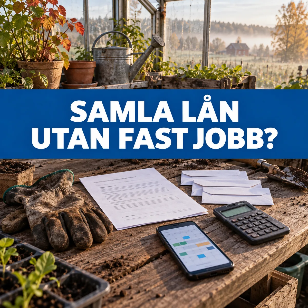 Arbetsbänk i ett svenskt växthus med avtal, fakturor och arbetsredskap samt texten Samla lån utan fast jobb?