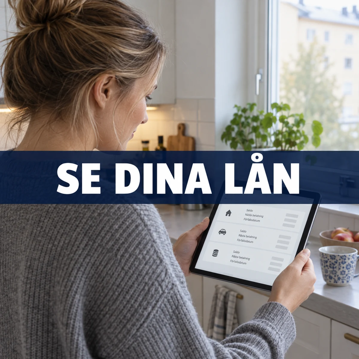 Kvinna i ett svenskt kök granskar en neutral låneöversikt på surfplatta, med texten Se dina lån