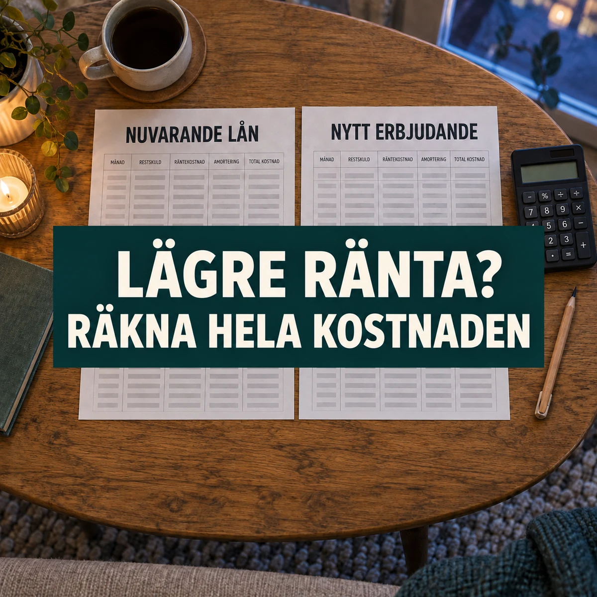 Två illustrativa betalningsplaner och en räknare på ett soffbord i kvällsljus, med texten Lägre ränta? Räkna hela kostnaden