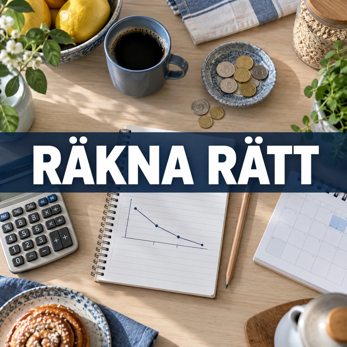 Miniräknare, anteckningsbok med sjunkande betalningskurva och kalender på ett svenskt köksbord under texten Räkna rätt