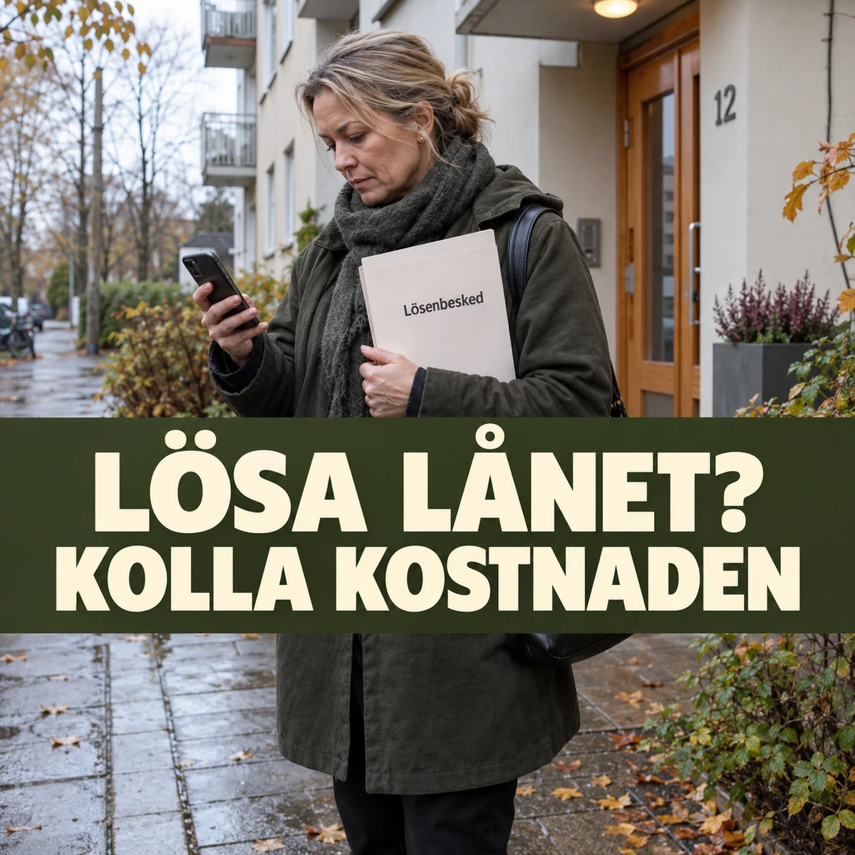 En kvinna utanför ett svenskt bostadshus tittar på mobilen och håller en mapp märkt Lösenbesked, med texten Lösa lånet? Kolla kostnaden