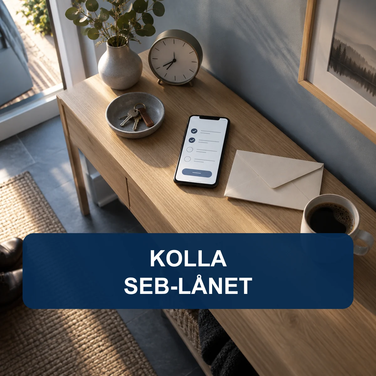Mobil med ansökningschecklista, slutet skuldebrevsbrev, nycklar och klocka på ett ljust hallbord i ett svenskt hem