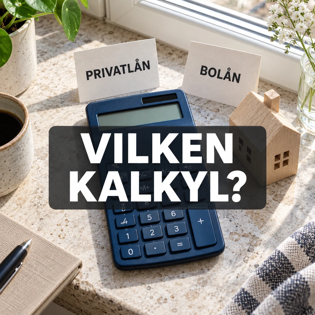 Miniräknare, kort märkta Privatlån och Bolån samt ett litet trähus på en ljus fönsterbräda, med texten Vilken kalkyl?