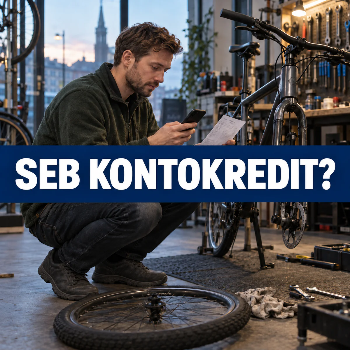 En man i en svensk cykelverkstad jämför ett reparationsunderlag med uppgifter i mobilen bredvid ett demonterat hjul och central text SEB KONTOKREDIT?