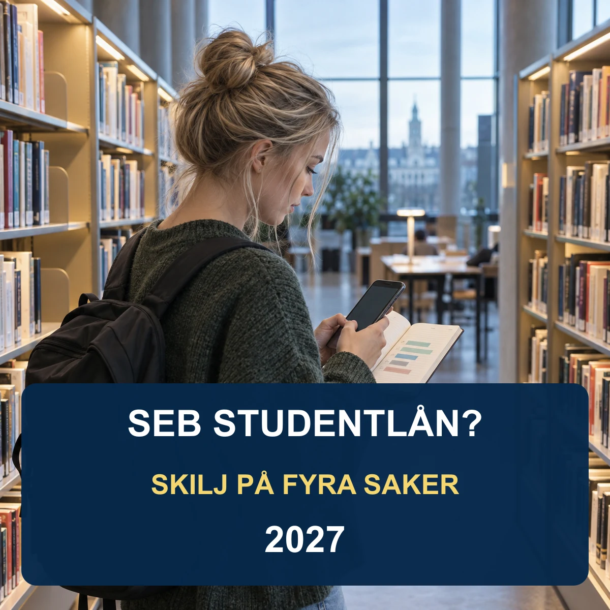 Ung svensk student i ett universitetsbibliotek jämför sin budget i anteckningsbok och mobil med texten SEB studentlån – skilj på fyra saker 2027