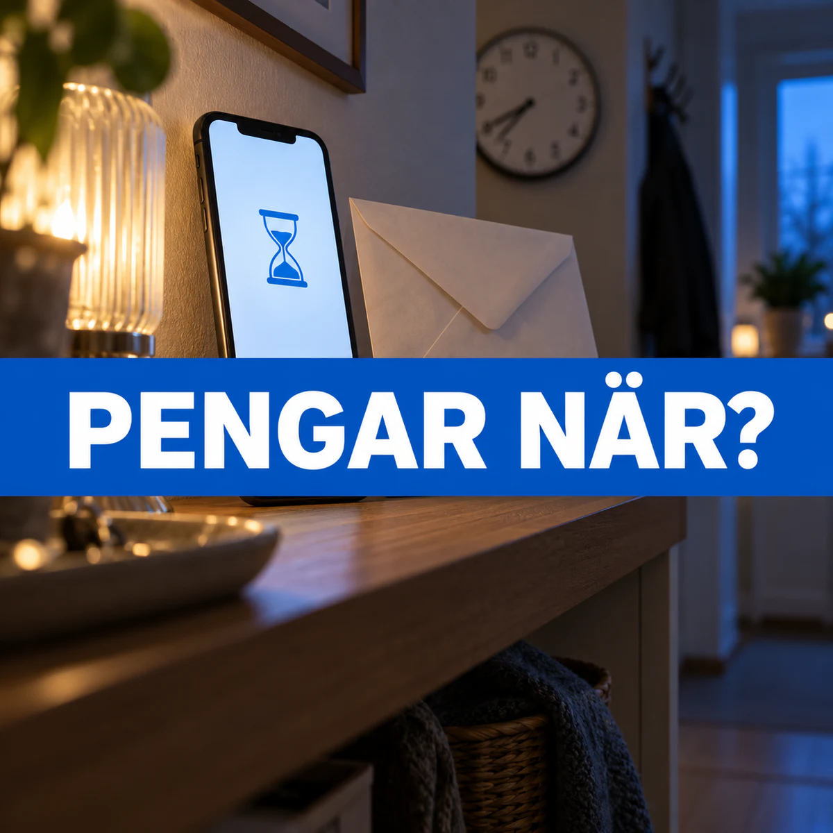 En omärkt mobil med timglassymbol och ett förseglat kuvert på en hallhylla, en klocka i bakgrunden och stor central text PENGAR NÄR?