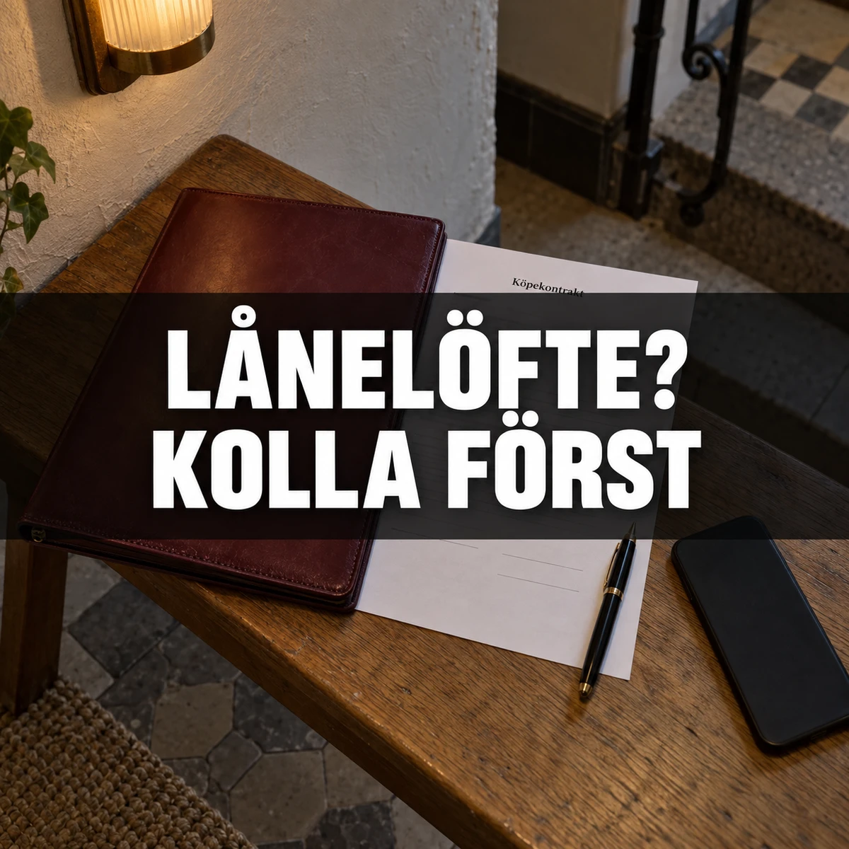 En vinröd dokumentmapp, ett osignerat köpekontrakt, en penna och en mobil på en träbänk i ett svenskt trapphus, med texten Lånelöfte? Kolla först