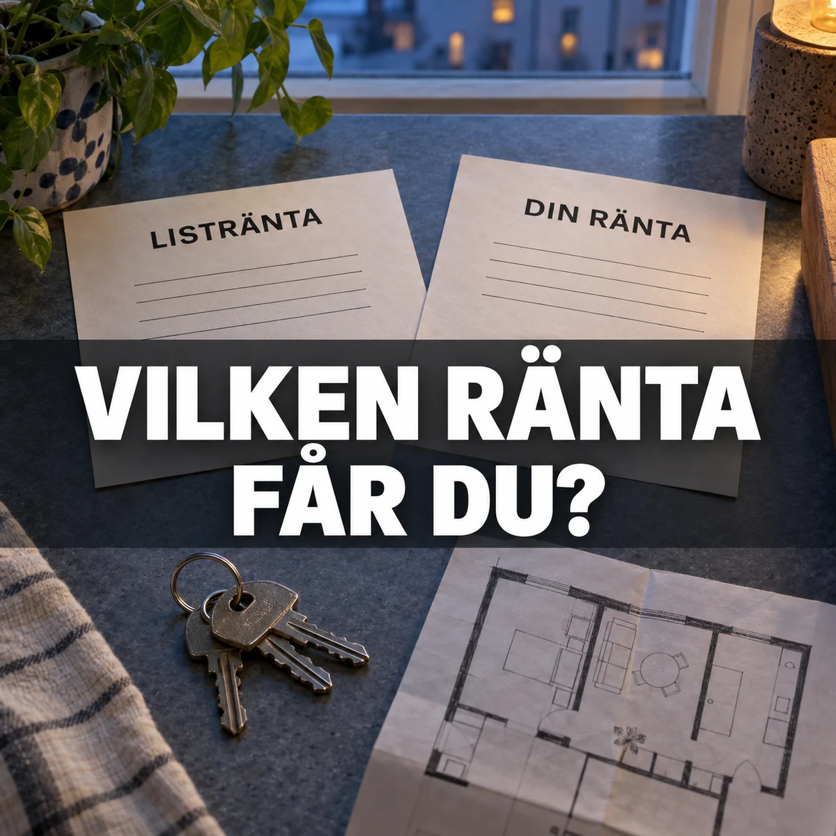 Två papper märkta Listränta och Din ränta bredvid bostadsnycklar och en planritning i kvällsljus, med texten Vilken ränta får du?