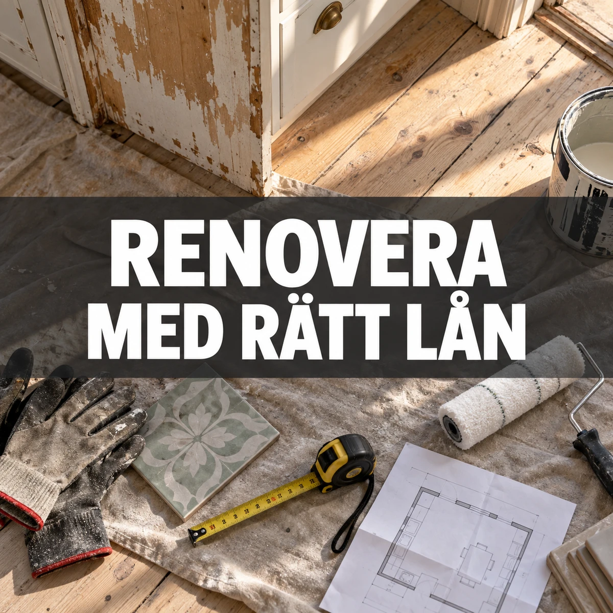Skyddstyg på ett slitet köksgolv med kakelprov, arbetshandskar, måttband, färgroller och rumsritning under texten Renovera med rätt lån