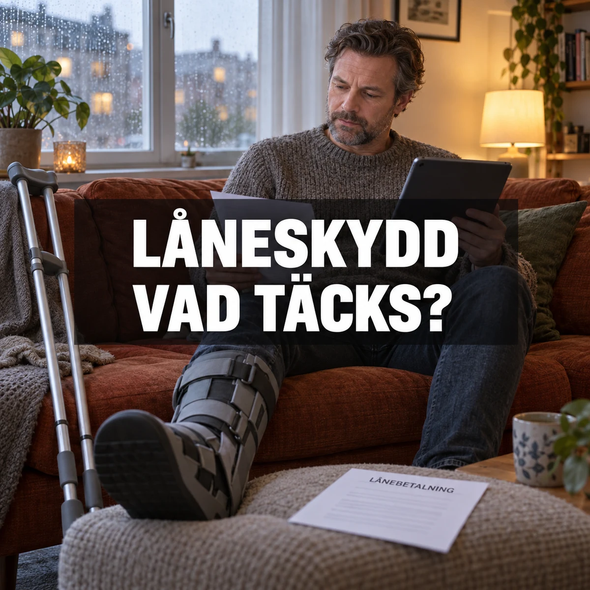 Medelålders man med stövelortos och kryckor granskar en lånebetalning hemma under frågan Låneskydd – vad täcks?